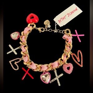Betsey Johnson Bracelet Pink & Red Heart & X Pendant  New